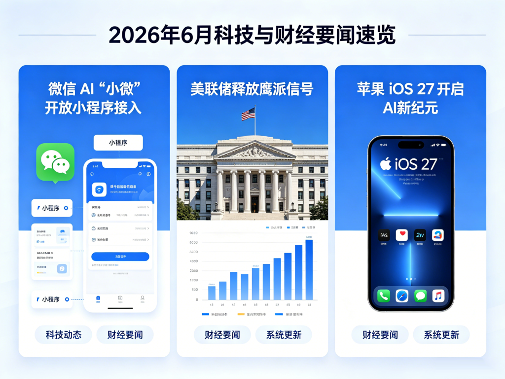 微信AI“小微”开放小程序接入、美联储释放鹰派信号、苹果iOS 27开启AI新纪元——2026年6月科技与财经要闻速览